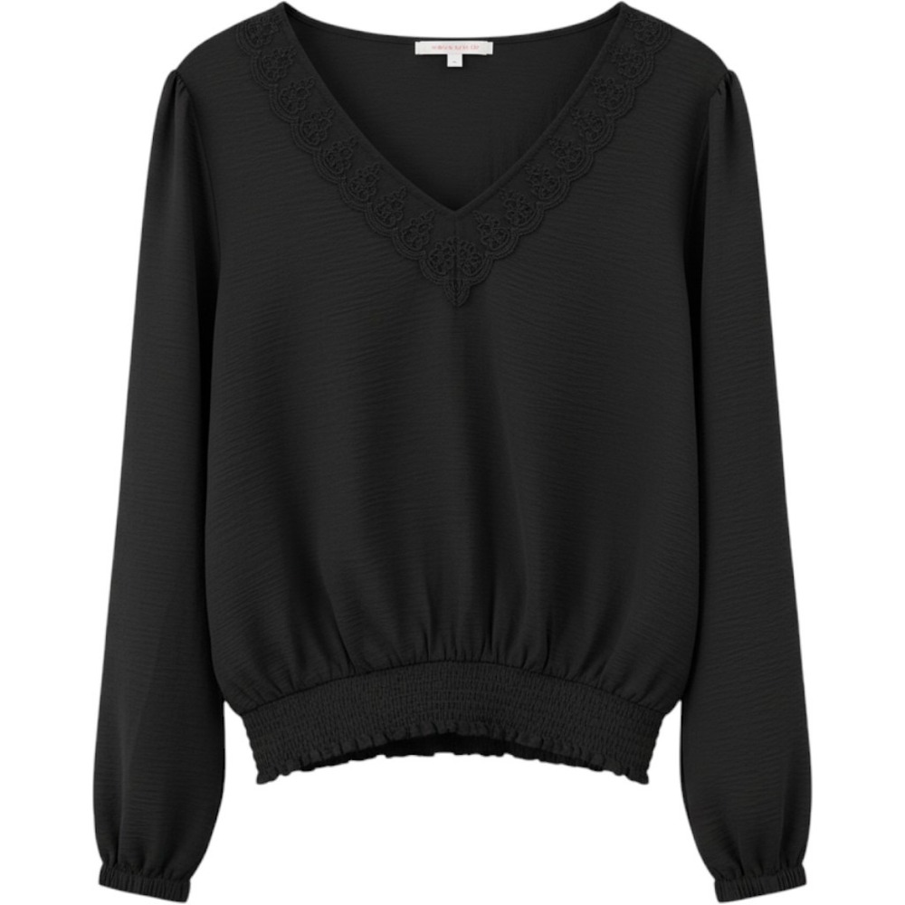 Nine Britton Blouse Womens XL Black Lace Trim V-Neck Smocked Hem Long Sleeve Top